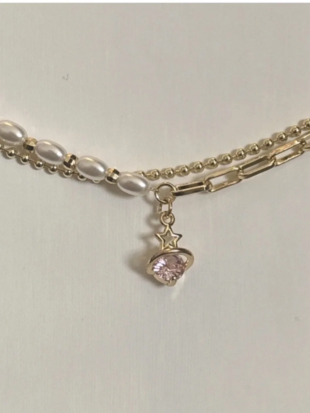 Gold Plated Layered Bracelet Faux Pearl Chain Pink CZ Celestial Charm Adjustable - Picture 5 of 11